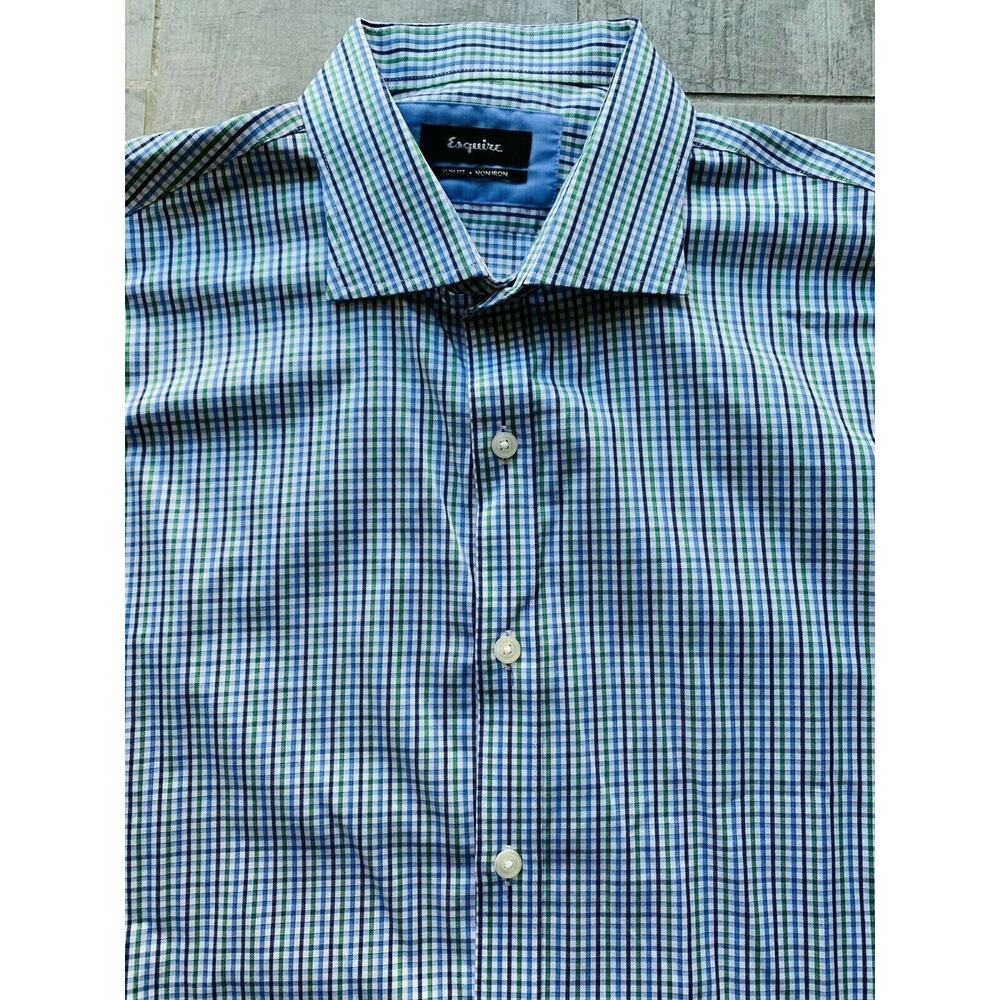ESQUIRE Men's Plaid Check Shirt Size 16 1/2 Slim Fit Non-Iron Long Sleeve 34/35